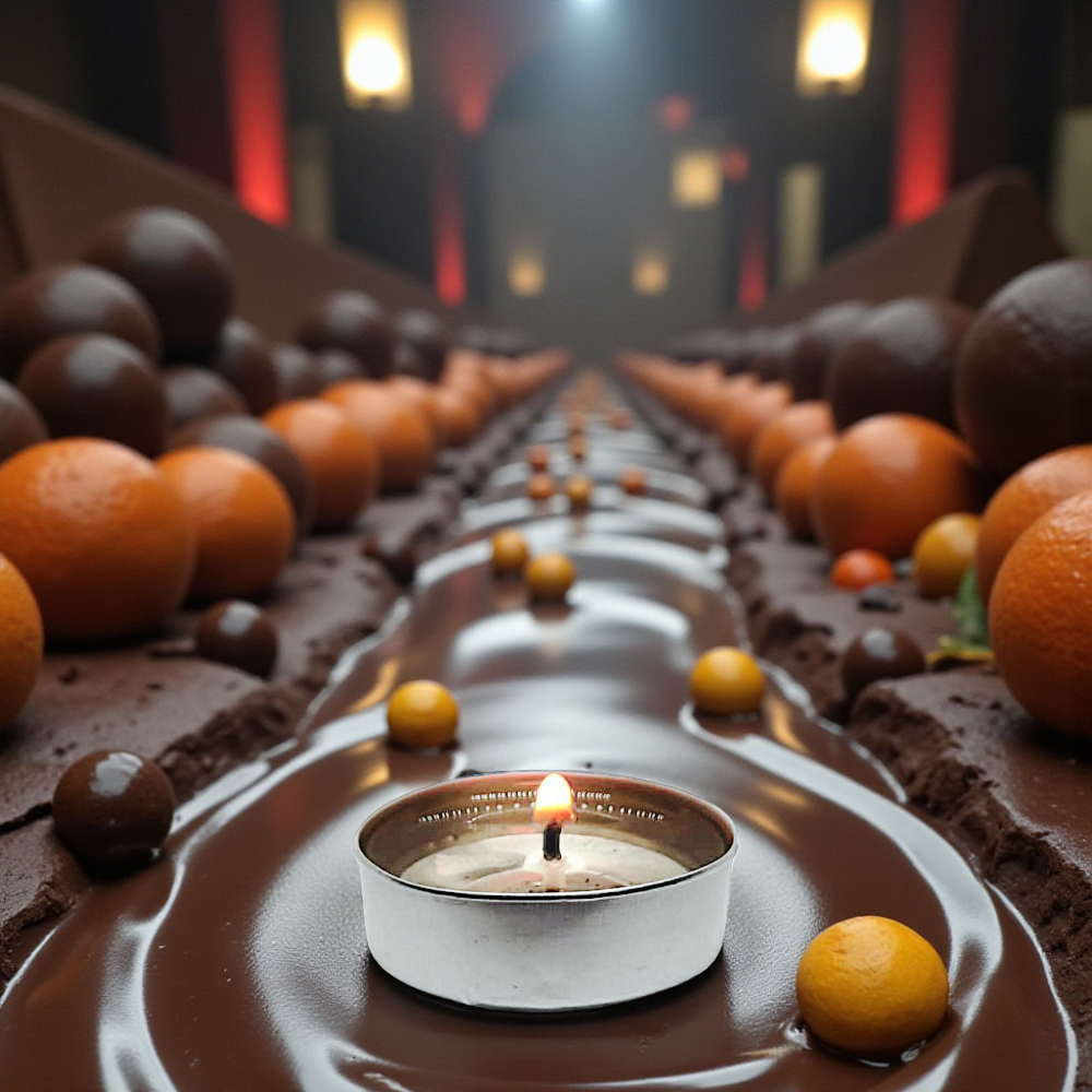 A tealight inside a chocolate river with orange tumbling down into the chocolate. 4 hour burn soy tealight made in Canada. Shipping Availible