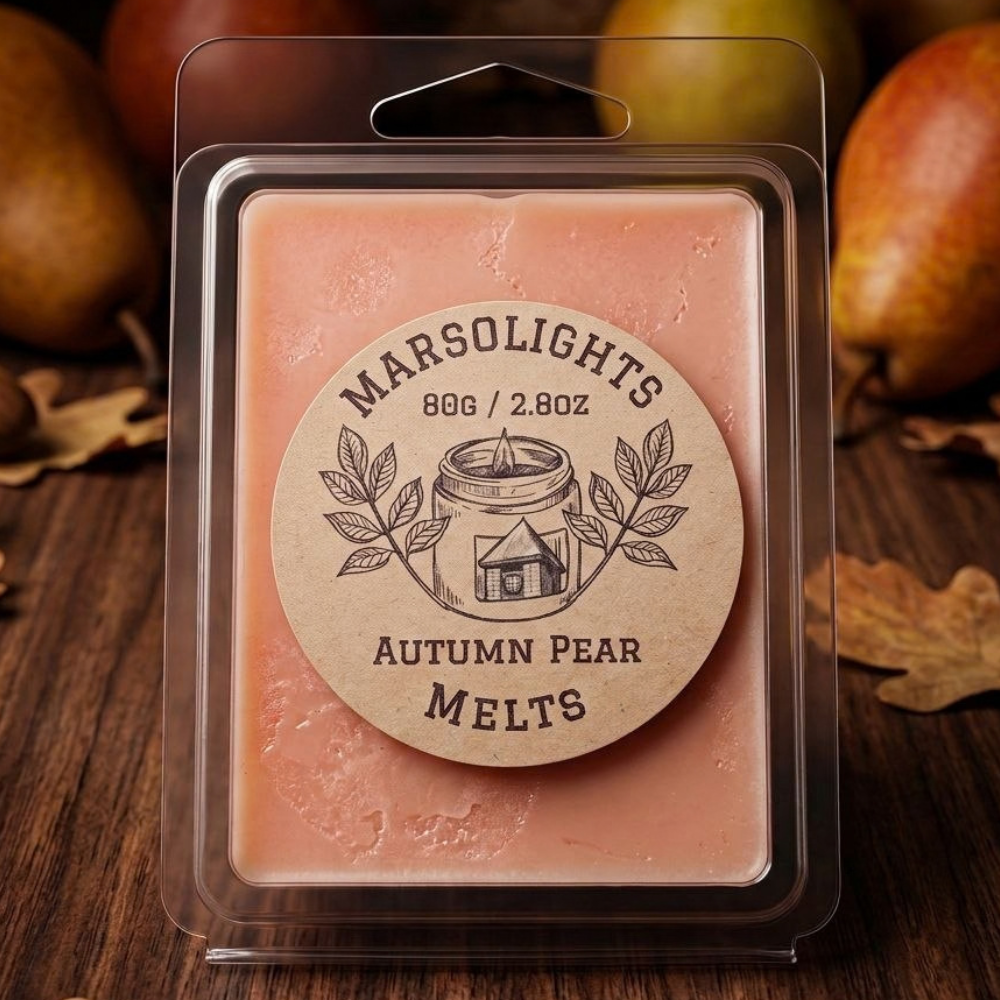 A package of Marsolights Autumn Pear Melts in a clear clamshell container with a round kraft paper label, set on a rustic wooden surface with blurred pears in the background.
Autumn Pear Scented Soy Candle
Fragrance Notes:
Top: Green Leaves, Citrus
Middle: Pear, Apple
Base: Vanilla, Brown Sugar, Spices
Wax Melt Size: 80 g / 2.8 oz
Aroma Time: Approximately 6-8 hours per melt
Soy Wax / Made in Canada / Phthalate Free / Paraben Free