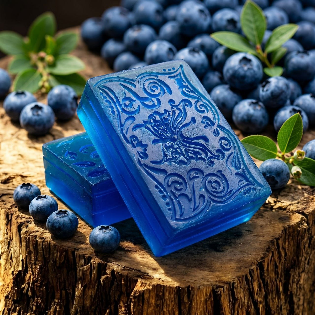 Two translucent blue rectangular bars of soap with embossed floral and scroll patterns, stacked on a rustic wood slice and surrounded by fresh blueberries and green leaves. Made in Canada with glycerin soap base and paraben and phthalates free oils. $6.00 CAD