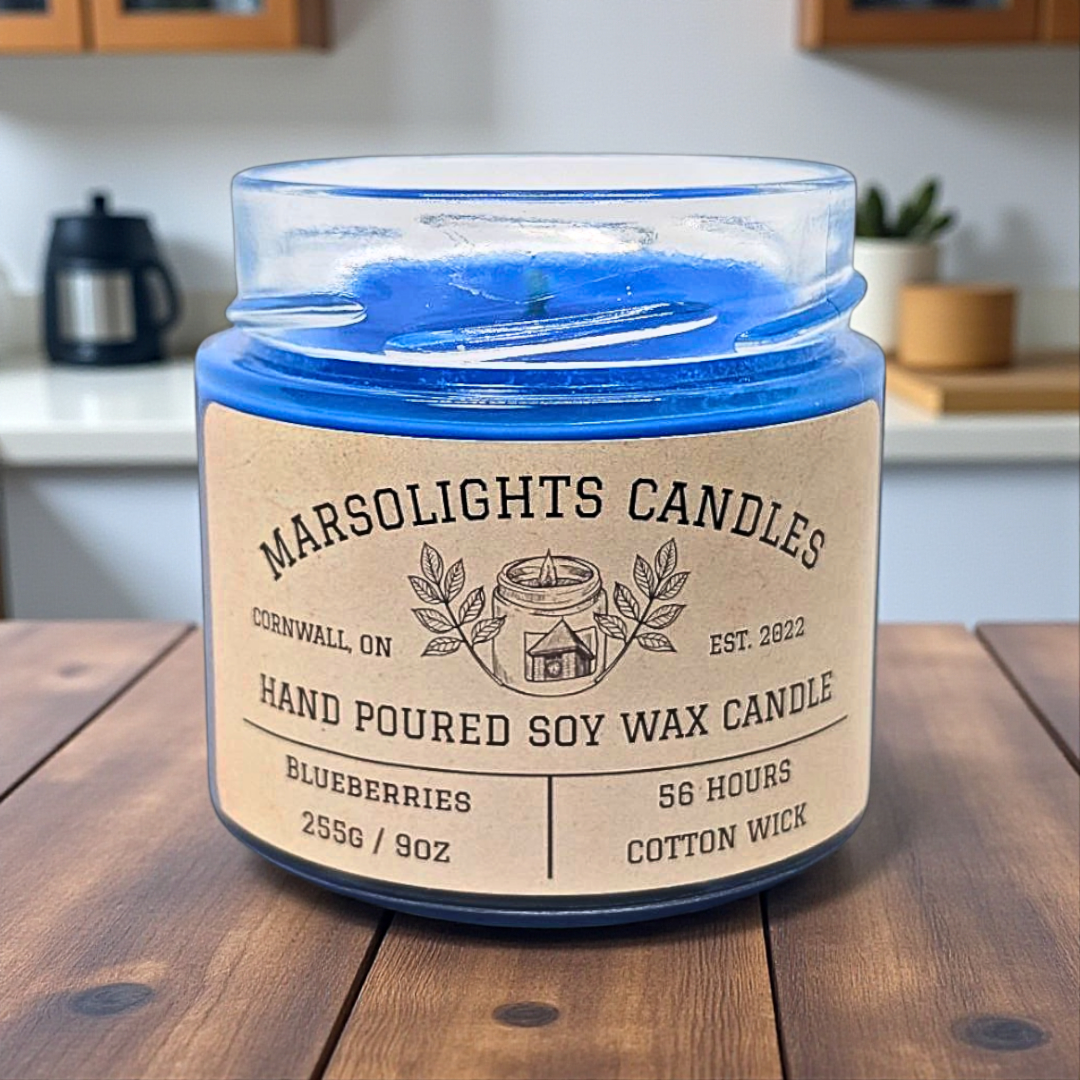Label reads 56 hours for burn time
Wick is cotton 
Size if 255 grams or 9 oz
Blueberries Aroma Soy Scent Candle
by Marsolights Candles -Cornwall
