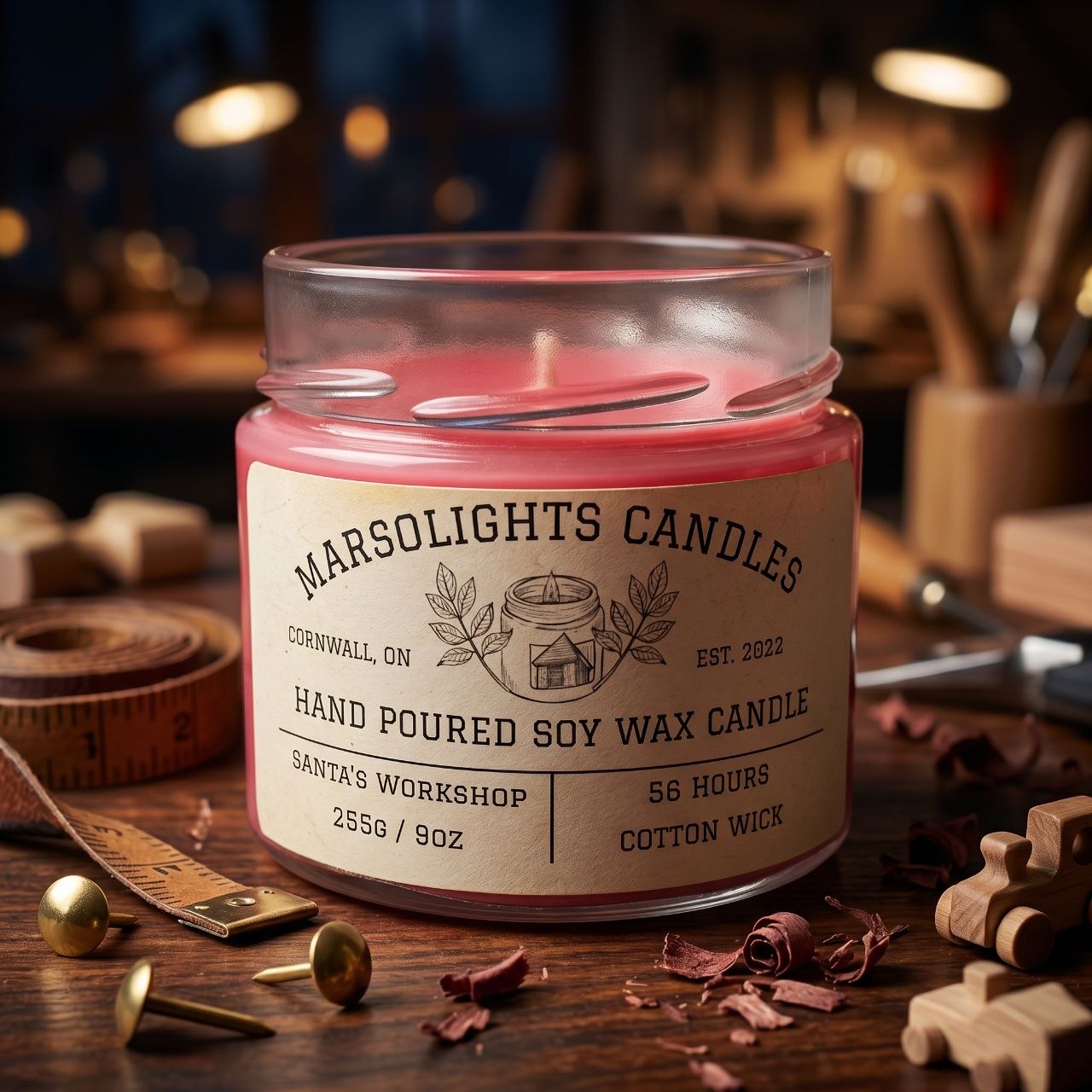Santa's Workshop Soy Candle
9 ounces or 255 grams
Burn time: 56 hors
Scent Profile : Cedarwood, Cherry Oak & Cognac
Wick: Cotton
Made in Canada
Paraben Free