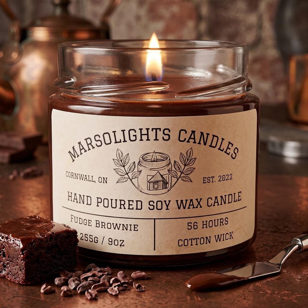 Fudge Brownie Soy Candle displayed with chocolate brownie-inspired décor. The candle features rich chocolate fudge, smooth milk chocolate and toasted walnut notes. 9 ounce or 255 grams, 56-hour burn time, cotton wick, soy candle, made in Canada, paraben free.
