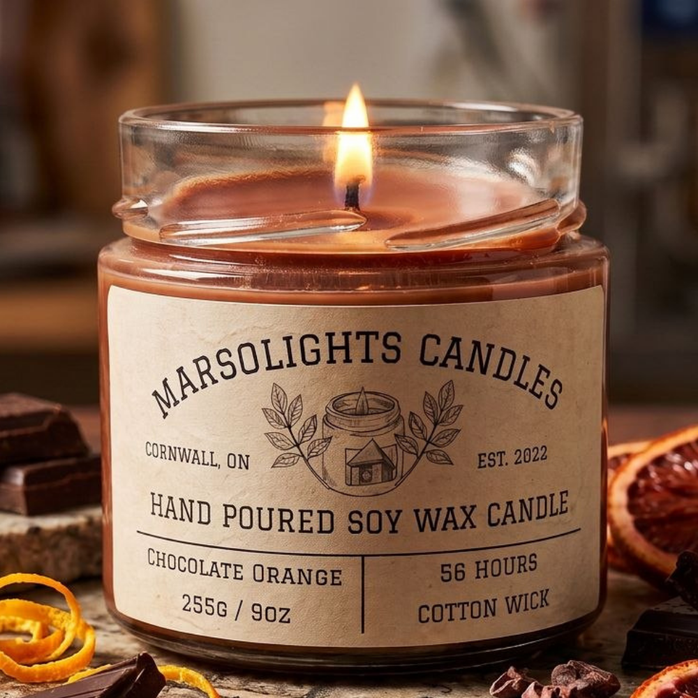 Chocolate Orange Soy Candle displayed with festive holiday décor. The candle features a rich blend of zesty orange and chocolate fudge, inspired by the classic chocolate orange holiday treat. 9 ounce or 255 grams, 56-hour burn time, cotton wick, soy candle, made in Canada, paraben free.