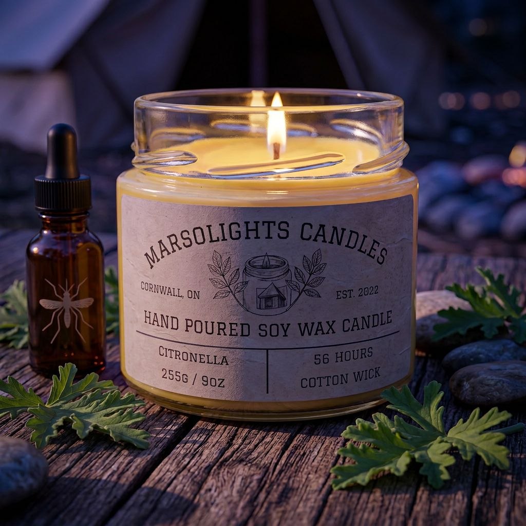 A lit Marsolights Candles soy wax candle in a clear glass jar sits on a rustic wooden surface with green leaves and a small amber dropper bottle nearby. The label reads Citronella, Hand Poured Soy Wax Candle, 56 hours, 256g / 9oz, Cotton Wick.