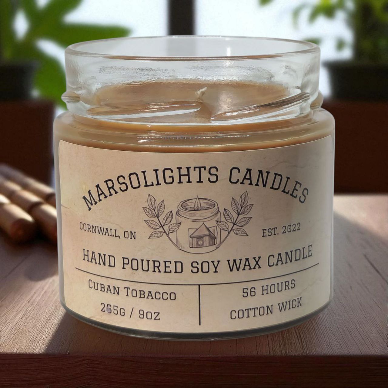 Marsolights Candles jar with label on a wooden surface.
Candle Size: 225 grams or 9 ounces
Burn time: 56 hours
Wick Type: Cotton
Scent: Cuban Tobacco
Made in Ontario Canada