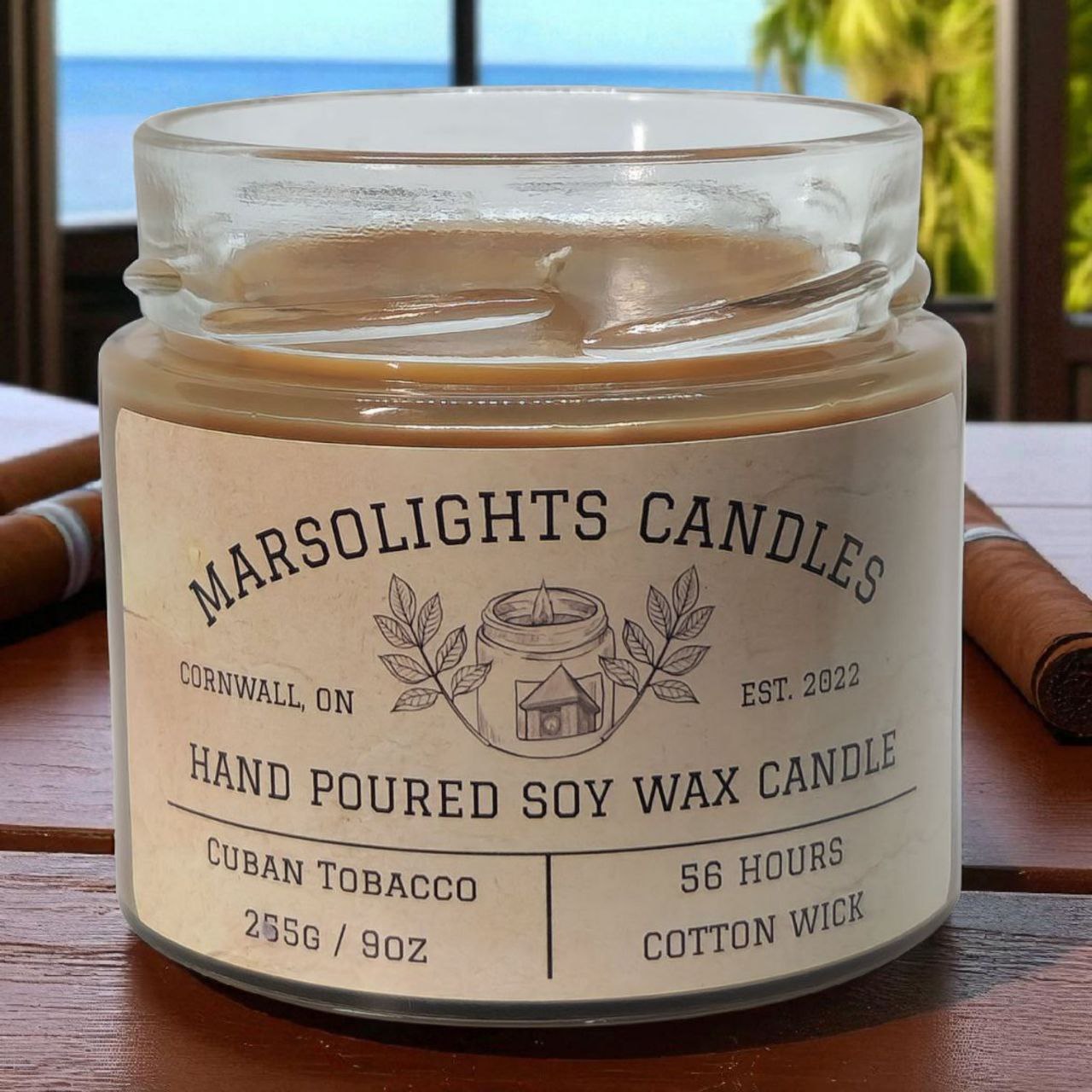 Marsolights Candles jar with label on a wooden surface.
Candle Size: 225 grams or 9 ounces
Burn time: 56 hours
Wick Type: Cotton
Scent: Cuban Tobacco
Made in Ontario Canada
