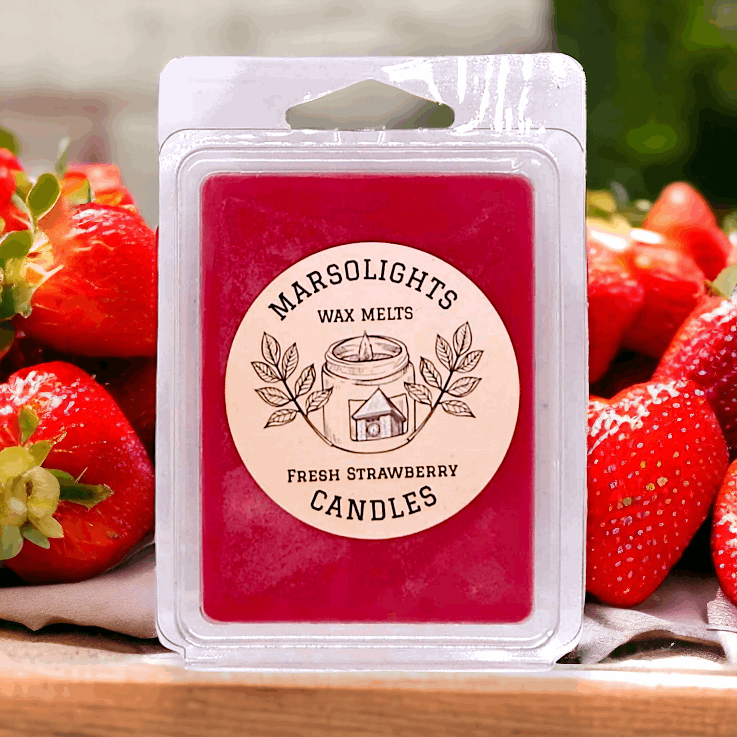 Fresh Strawberry Scented Soy Wax Melt On top of a counter with fresh strawberries