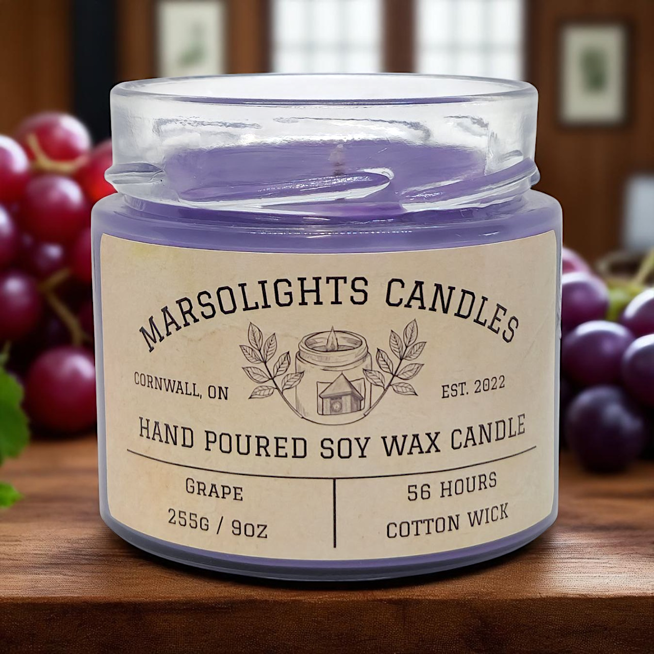 Fill your space with the rich, juicy aroma of our Grape Candle. This fragrance features robust, plump Concord grapes blended with sun-ripened berries for a sweet, fruity scent that’s both bold and refreshing.
Perfect for any room, this candle creates a warm, inviting atmosphere that’s ideal for relaxing or entertaining. It’s like having a basket of freshly picked grapes right at your fingertips!
Size: 255g or 9 ounces
Scent: Grape
Burn time: 56 Hours
Wick type: Cotton
Produced in Cornwall, ON, Canada