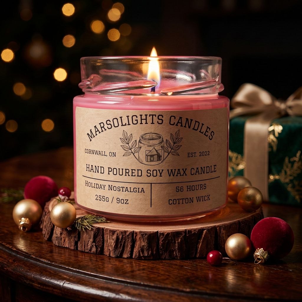 Holiday Nostalgia Soy Candle displayed with festive holiday décor. The candle features juicy pomegranate, sweet blackberry, fresh evergreen boughs and rich mahogany notes. 9 ounce or 255 grams, 56-hour burn time, cotton wick, soy candle, made in Canada, paraben free.