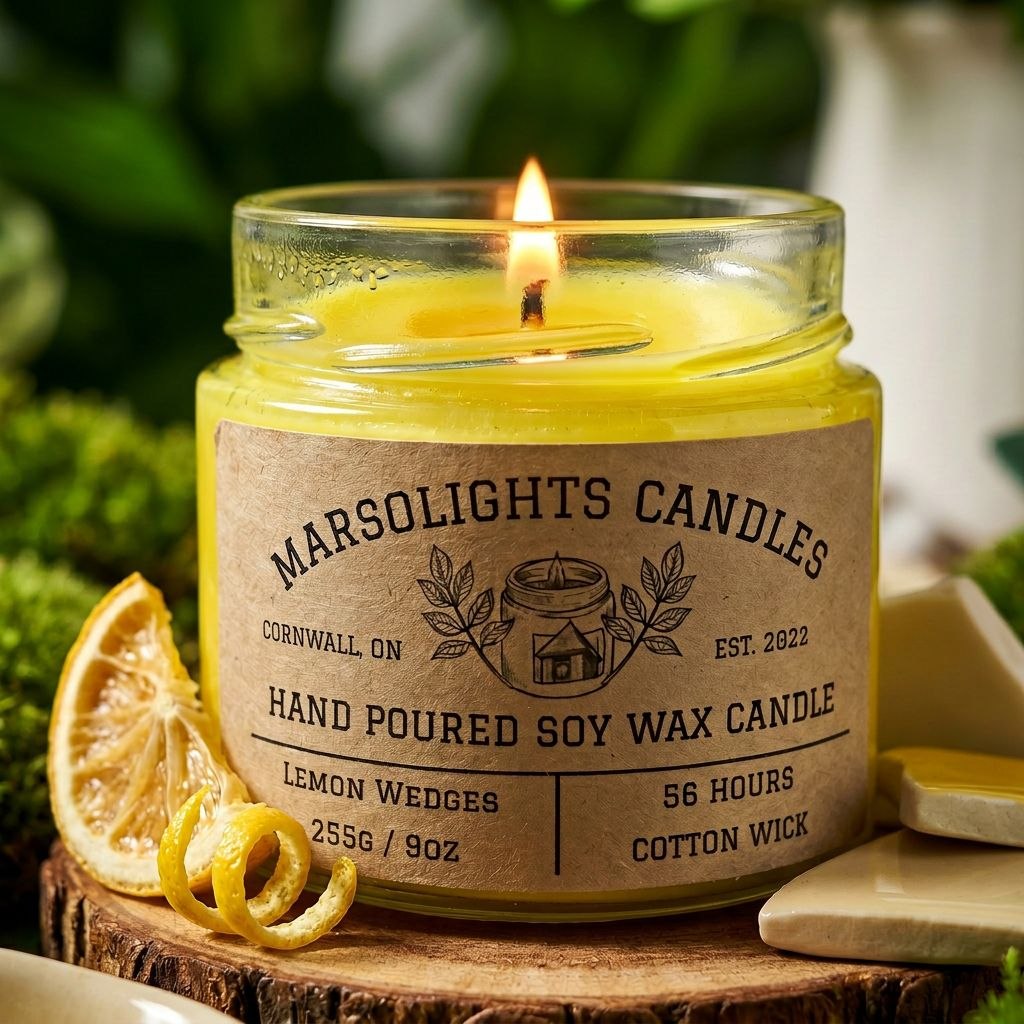 A Candle on a stump podium with lemon wedges and zest.
Scent: A Fusion of scents such as lemon, lemongrass, grapefruit, orange, lime, and florals that leaves a citrus medley that instantly energizes.
Produced: Made in Canada.
Size: 9 ounces or 255 grams
Burn time: 56 Estimated Hours
Wick type: Cotton
Scent: Lemon Wedges