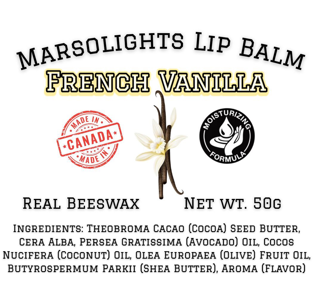 Marsolights Candles French Vanilla Lip balm Ingredients Made with Cocoa Seed Butter, Bees Wax, Avocado Oil, Coconut Oil, Olive Oil, Shea Butter, and Flavour Oil. Net Weight 50g Made in Canada