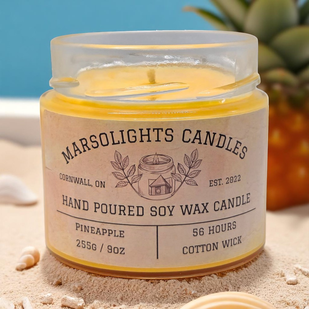 Pineapple Soy Candle — a tropical getaway in a jar. This juicy scent opens with ripe pineapple and banana, followed by bright bursts of orange juice and creamy piña colada. It all wraps up with smooth vanilla and tonka bean for a sun-soaked, feel-good finish. Hand-poured with clean-burning soy wax and premium fragrance oils, it’s perfect for days when you just want to relax, vibe, and pretend you're oceanside.
Wick type: Cotton
Burn time: 56 Hours
Size: 255g or 9 ounce
Made in Canada
Shipping Available.