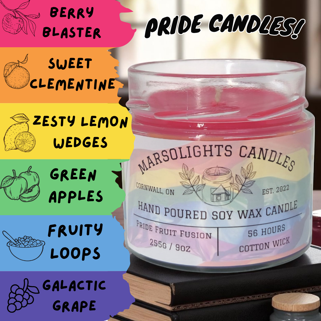 A candle Crafted in six colourful layers, each with its own unique fragrance. As the candle burns, each layer slowly reveals a new scent. Available While Quantities Last.
255g or 9 ounces.
Burn time: 56 Hours
Wick Type: Cotton
Scents start to finish: Berry Blaster, Clementine, Lemon Wedges, Green Apple, Fruit Loops, Galactic Grape