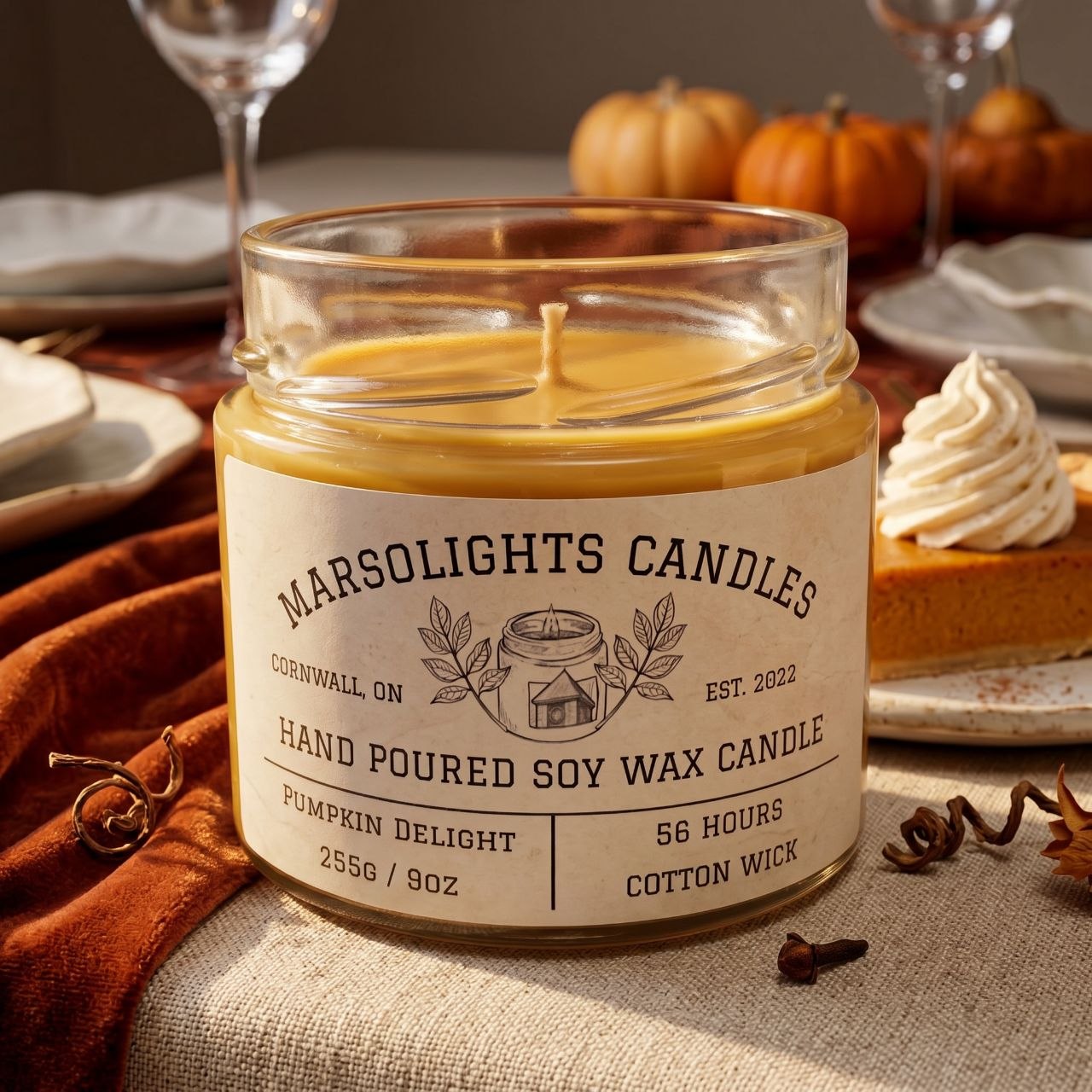 Pumpkin Delight Soy Candle on a table with plates of pumpkin pie and glass decor. Our candle features notes of almond butter, butter rum, pumpkin, allspice, bourbon, and vanilla.
Candle Size: 9 ounce or 255 grams
Burn time: 56 hours
Cotton Wick/ Soy Candle/ Made in Canada/ Paraben Free