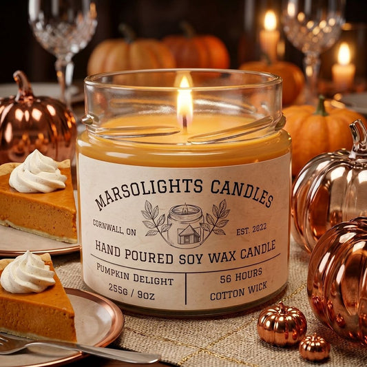Pumpkin Delight Soy Candle on a table with plates of pumpkin pie and glass decor. Our candle features notes of almond butter, butter rum, pumpkin, allspice, bourbon, and vanilla.
Candle Size: 9 ounce or 255 grams
Burn time: 56 hours
Cotton Wick/ Soy Candle/ Made in Canada/ Paraben Free