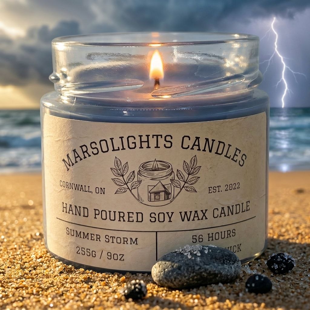 Summer Storm Soy Candle Made in Canada Show on a beach setting with stormy clouds. Fragrance notes as follows
Top: Mango, Tangerine, Lemon
Mid: Sage, Wormwood
Base: Sandalwood, Patchouli, Tonka Bean
9 ounce or 255 grams 56hour eta burn time. $19.99 CAD