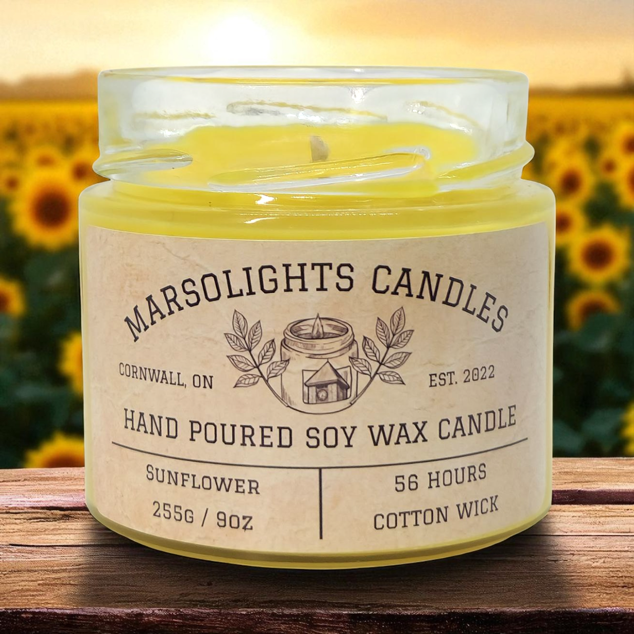 Marsolights Candles hand-poured soy wax candle with sunflower scent on a wooden surface.
Candle Size: 225 grams or 9 ounces
Burn time: 56 hours
Wick Type: Cotton
Scent: Sunflower
Made in Ontario Canada