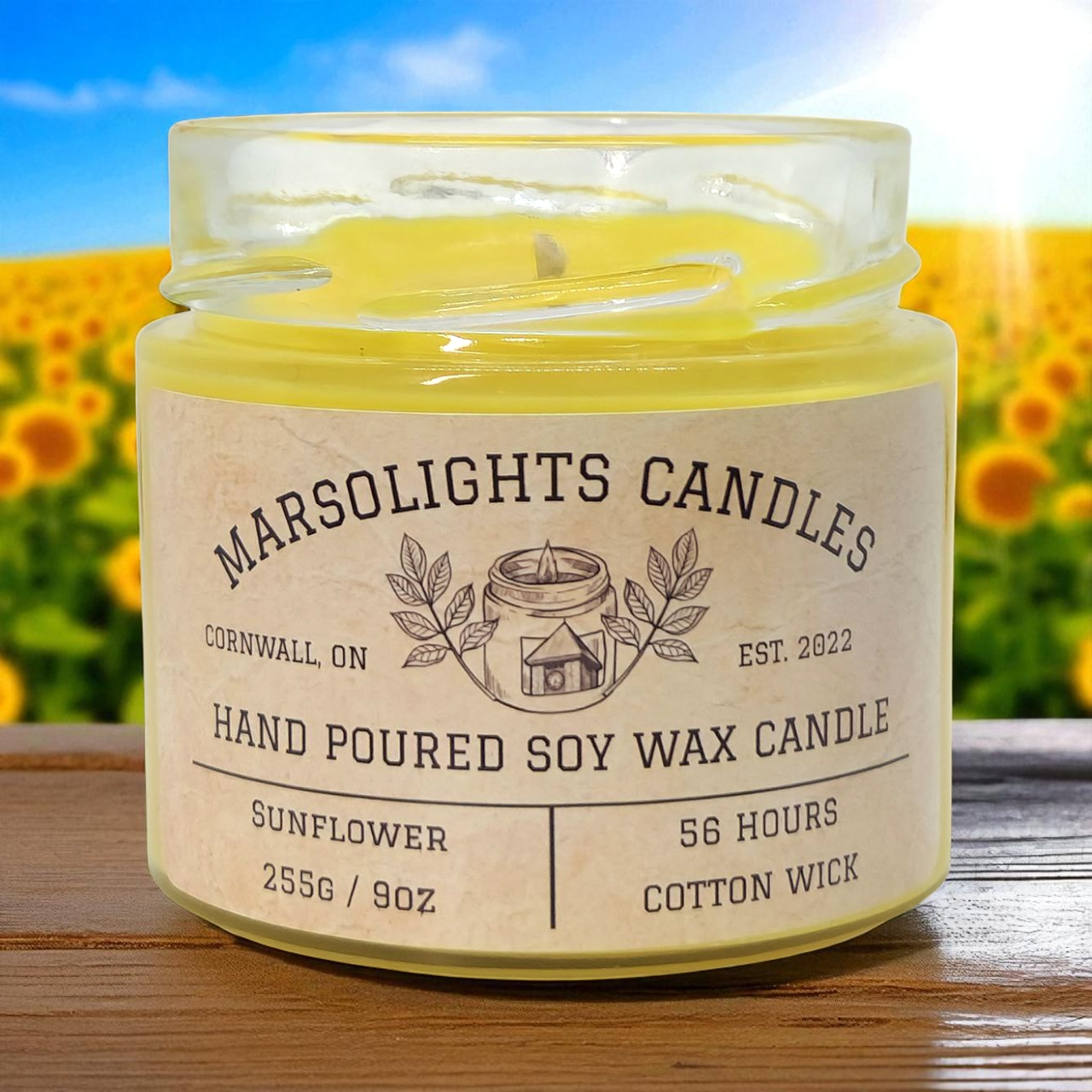 Marsolights Candles hand-poured soy wax candle with sunflower scent on a wooden surface.
Candle Size: 225 grams or 9 ounces
Burn time: 56 hours
Wick Type: Cotton
Scent: Sunflower
Made in Ontario Canada