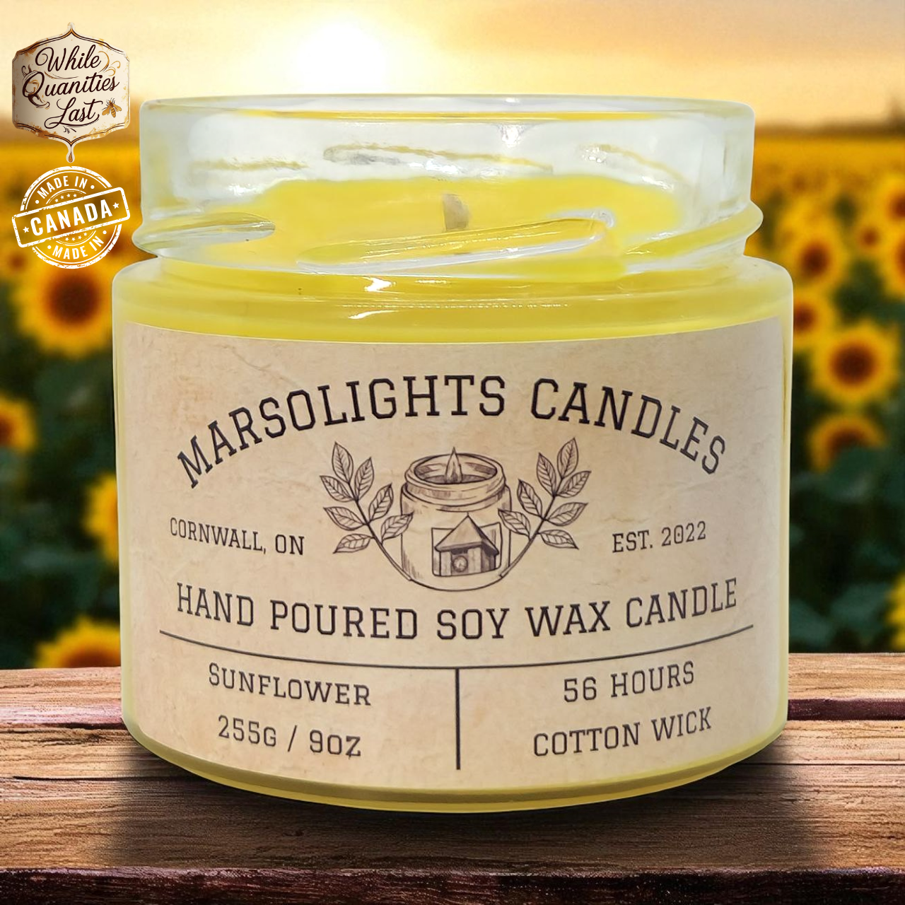Sunflower scented soy candle on wood table infront of a sunny sunflower field.
9oz / 255g
Burn time: 56hours
Cotton Wick
Made in Canada