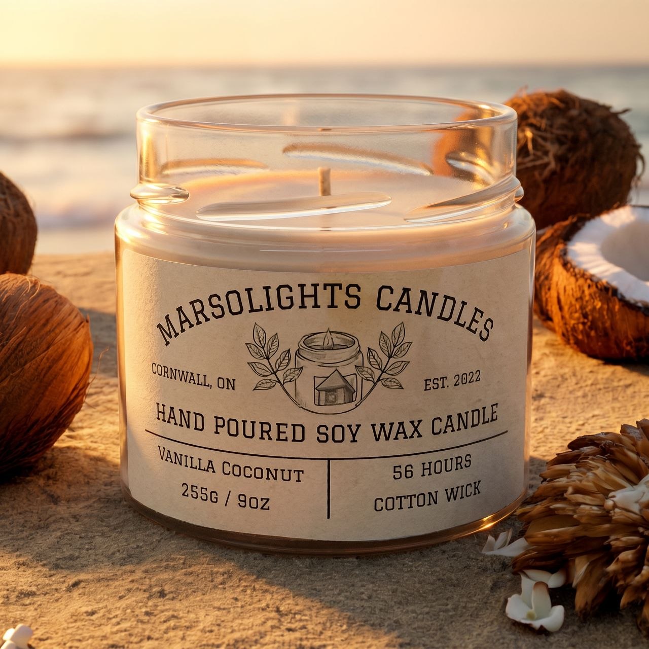 Vanilla Coconut Soy Candle
9 ounce or 255 grams
Made in Canada - Paraben Free
Burn time: 56+ Hours
Wick Type: Cotton Wick
Scent Profile:
Top Notes: Coconut Water
Middle Notes: Coconut Milk
Base Notes: Vanilla