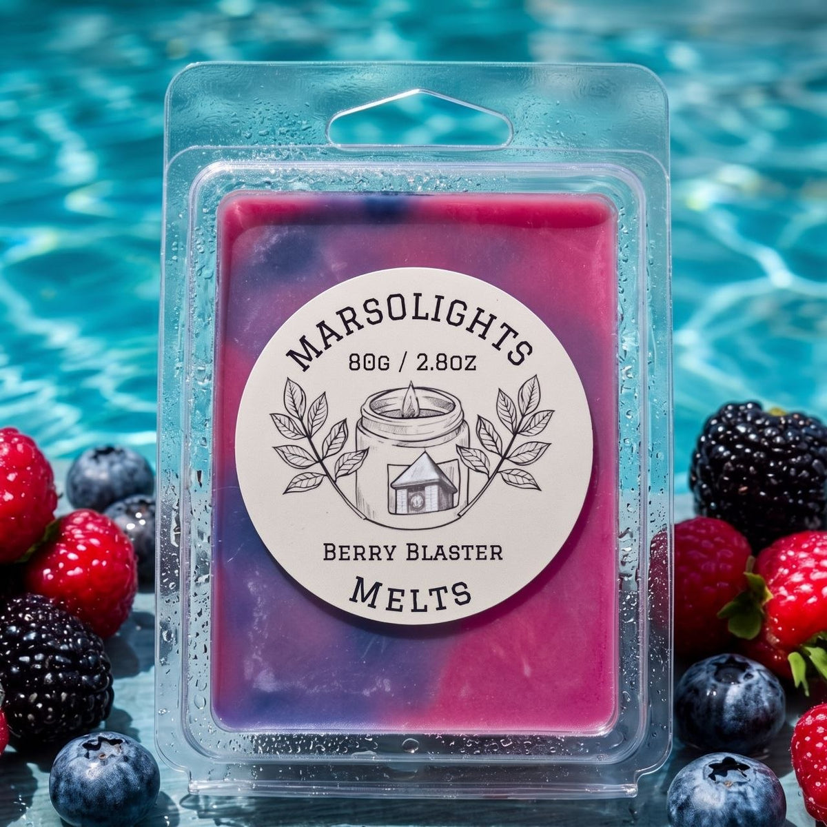 Berry Blaster Wax Melts featuring Scents of juicy blueberry, sweet cherry, raspberry, grape and vanilla, 80 g / 2.8 oz, 8–10 hours per cube, soy wax, made in Canada, paraben free.