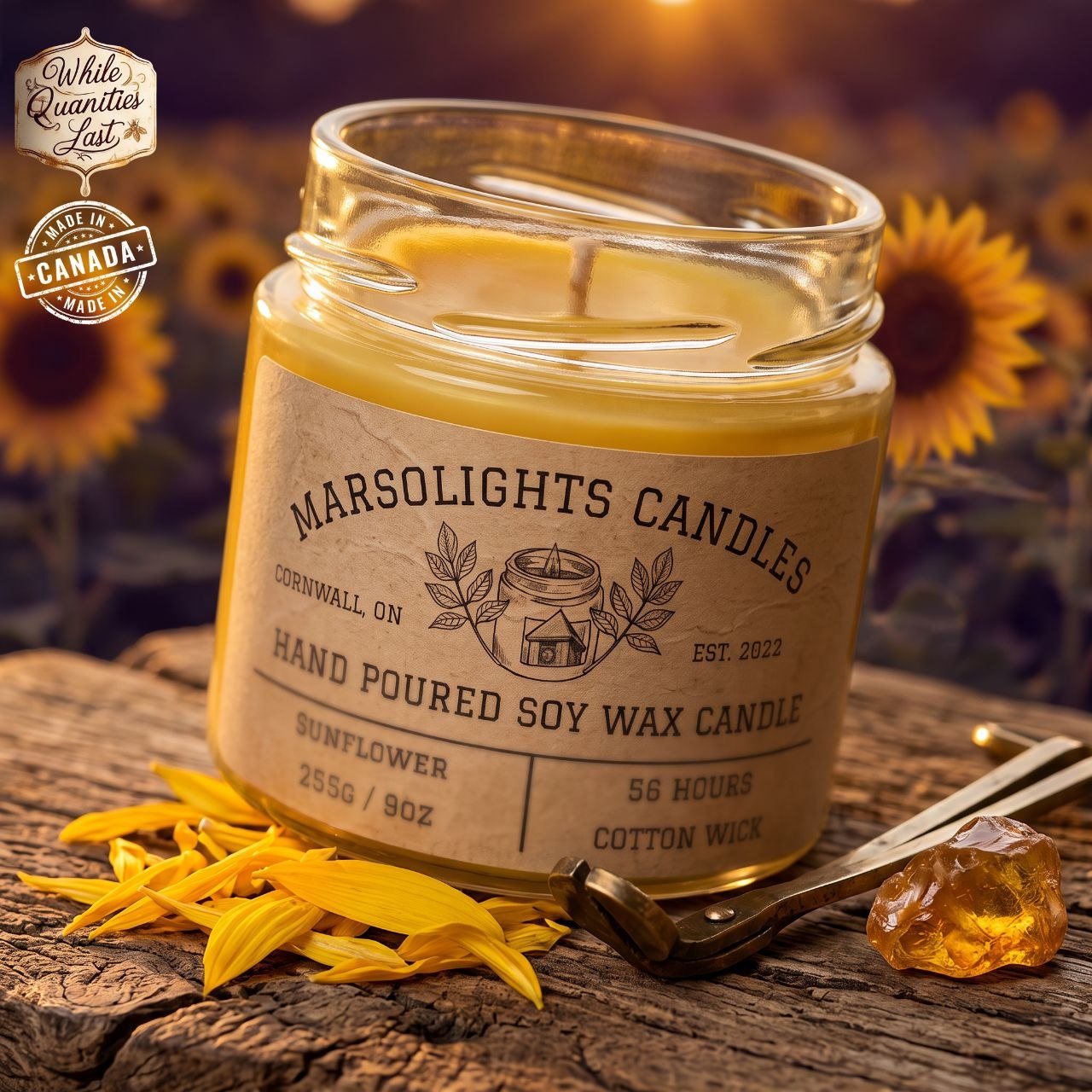 Sunflower scented soy candle - notes of berries, golden apple, sunflower, lotus, orange blossom, violet, blond woods, musk, and vanilla blossom
9 ounces / 255 grams
Burn time: 56 hours
Cotton Wick
Made in Canada
Paraben Free