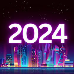 2024 in bright neon pink infront of lit up city. Marsolights Candle 2024 New items Collection to the Shop including wax melters, soap, wax melts and candles