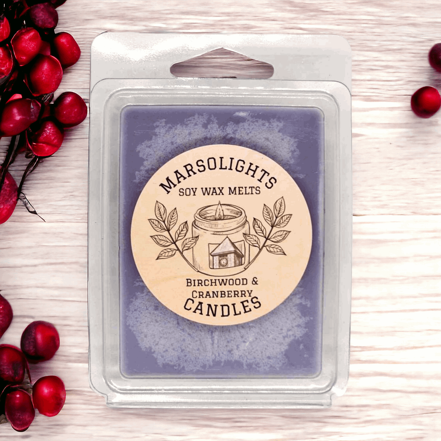 Birch Wood & Cranberry Soy Wax Melt. Made in Canada. Scented Wax Melts. White birchwood and cranberries.