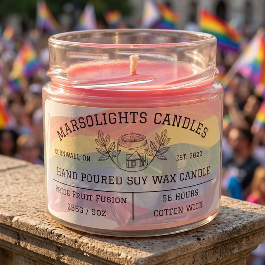 Pride 6-Layer Rainbow Soy Candle
Layer 1: Berry Blaster – Sweet, juicy berries to instantly lift your mood.
Layer 2: Clementine – A burst of bright, sunny citrus.
Layer 3: Lemon Wedges – Crisp, tart, and zesty freshness.
Layer 4: Green Apple – Energizing and perfectly crisp.
Layer 5: Fruit Loops – A wave of nostalgic, sugary fun.
Layer 6: Galactic Grape – Bold, cosmic, and deep purple vibes.
Candle Size: 9 oz / 255 g
Burn Time: 56+ hours
Cotton Wick / Freedom Soy Wax / Made in Canada / Phthalate Free