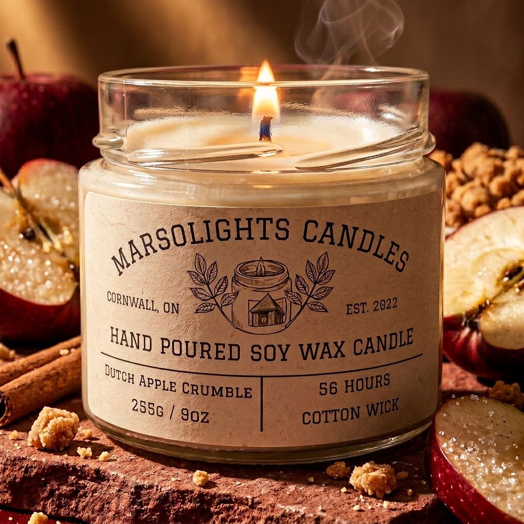Dutch Apple Crumble Soy Candle on a table with apple slice and spices around it. Made in Canada. Cotton wick. 56 hour estimated burn time. $19.99
Fragrance notes:
Baked Apples, Vanilla Bean, Cinnamon, Sugar and Nutmeg.
Size: 9 ounces or 255 grams.