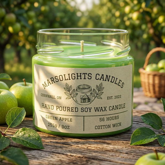A candle sitting on a wooden table with green apples during a sunny day.
Green Apple Scented Soy Candle
Made in Canada 
Phthalate & Paraben Free
Burn time: 56 hours
Wick Type: Cotton Wick HTP Safe to Burn
Wax Type: Soy with dash of coconut oil
Scent Profile: Crisp Green Apple, Soft Florals, Amber and Lite Woods