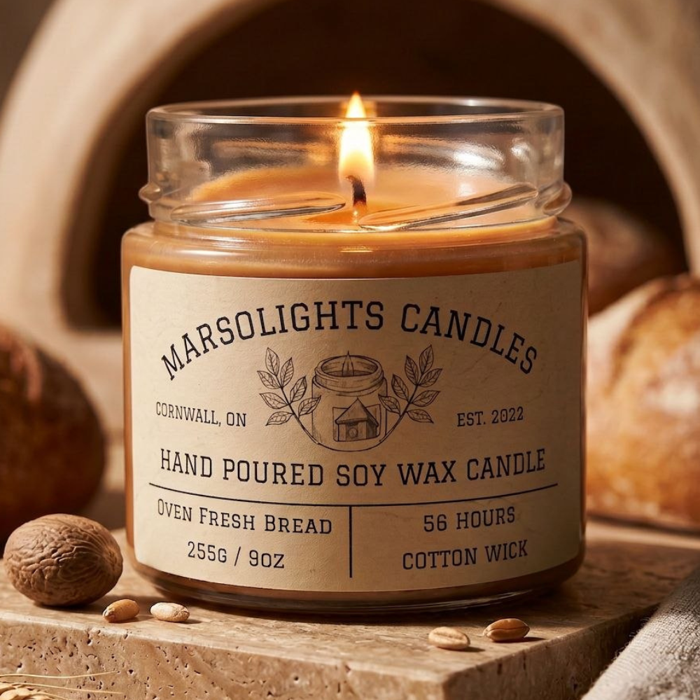 Oven Fresh Bread Candle styled on a stone surface with bread and nut props in a warm rustic setting.
Size: 9 ounces or 255 grams
Scent Profile: Dough, Seeds, Butter and Baked Bread Accord
Burn time: 56 hours Estimated burn time
Wick Type: Cotton
Made in Canada