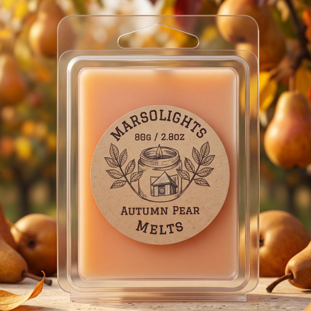 Autumn Pear Scented Soy Candle
Fragrance Notes:
Top: Green Leaves, Citrus
Middle: Pear, Apple
Base: Vanilla, Brown Sugar, Spices
Wax Melt Size: 80 g / 2.8 oz
Aroma Time: Approximately 6-8 hours per melt
Soy Wax / Made in Canada / Phthalate Free / Paraben Free