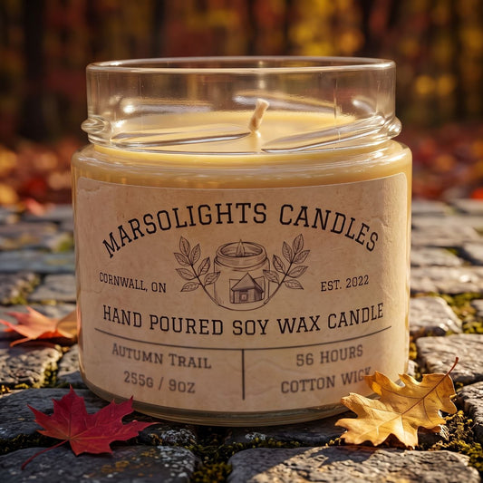 Autumn Trail Soy Wax Candle
MADE IN CANADA
Size: 233 grams or 9 ounces
Burn time: 56 hours
Wick Type: Cotton
Scent profile:
Top: Golden Peach, Wild Berries
Mid: Maple Leaf, Cinnamon, Clove
Base: Tonka Bean, Musk