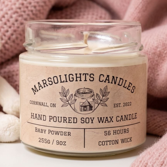 Baby Powder Scented Soy Candle features notes of clean ozone, citrus, soft powder, rose petals, jasmine, vanilla, and musk 

Candle Size: 9 ounces / 255 grams
Burn Time: 56 hours
Cotton Wick / Soy Candle / Made in Canada / Paraben Free