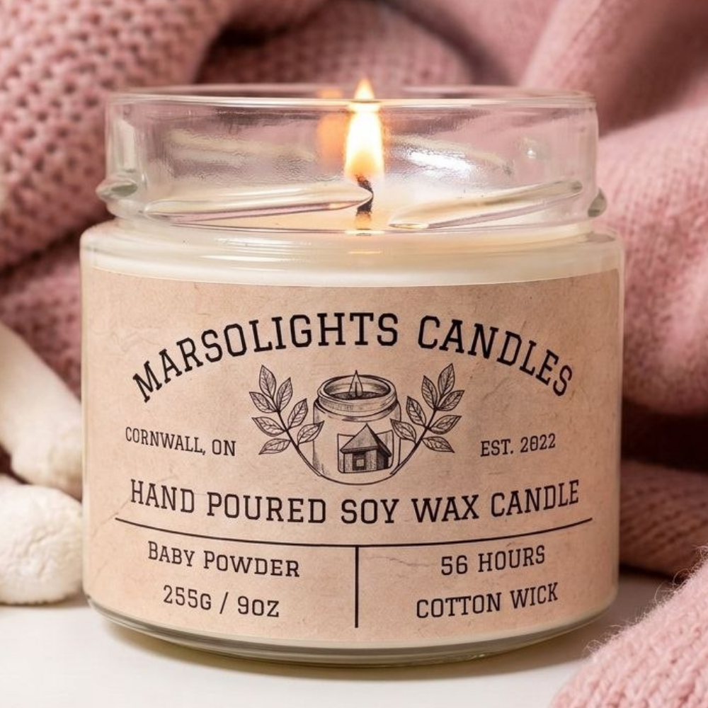 Baby Powder Scented Soy Candle features notes of clean ozone, citrus, soft powder, rose petals, jasmine, vanilla, and musk 

Candle Size: 9 ounces / 255 grams
Burn Time: 56 hours
Cotton Wick / Soy Candle / Made in Canada / Paraben Free