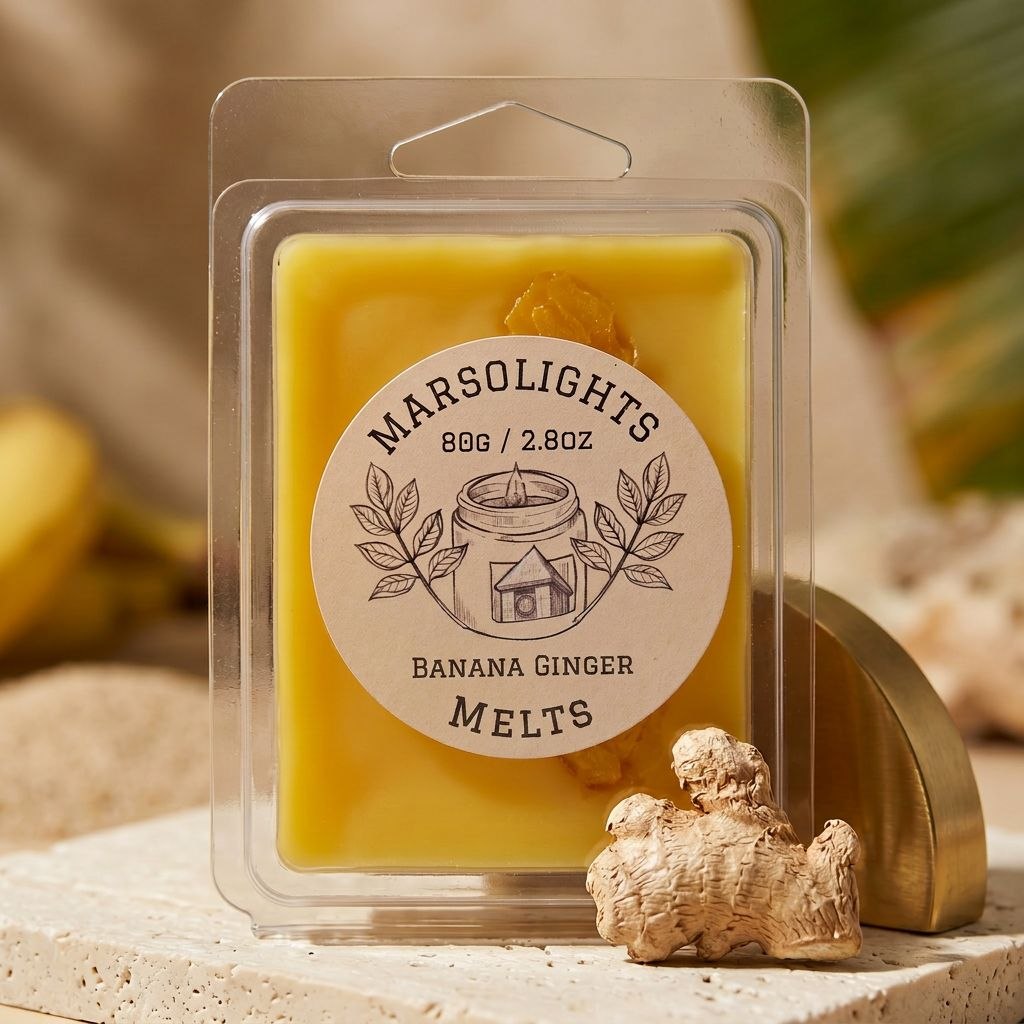 Banana Ginger Soy Wax Melts 2.8oz/80g  Infront of a tropical setting. Each cube lasts about 1-2 for fragrance release before we recommend changing it out. $6 Cad