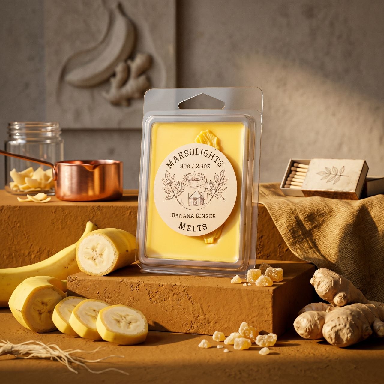 Banana Ginger Soy Wax Melts 2.8oz/80g standing on a brick with bananas and ginger. Each cube lasts about 1-2 for fragrance release before we recommend changing it out. $6 Cad