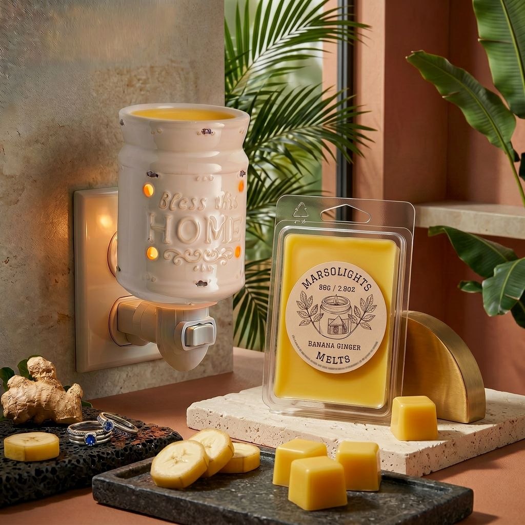 Banana Ginger Soy Wax Melts 2.8oz/80g with a plug in wall wax Melter. Each cube lasts about 1-2 for fragrance release before we recommend changing it out. $6 Cad