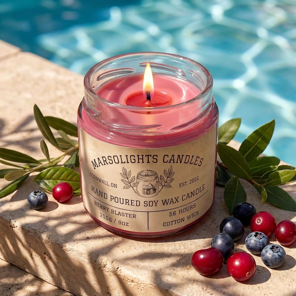 Marsolights Berry Blaster Scent Soy Candle on Stone Ledge Beside a pool during a sunny day.
Made in Canada
Phthalate Free & Paraben Free
Candle Burn time: 56 hours
Wick Type: Cotton HTP Safe to Burn
Wax Type: Soy
Aroma Profile: Blueberry, Cherry, Raspberry, Grape & Vanilla