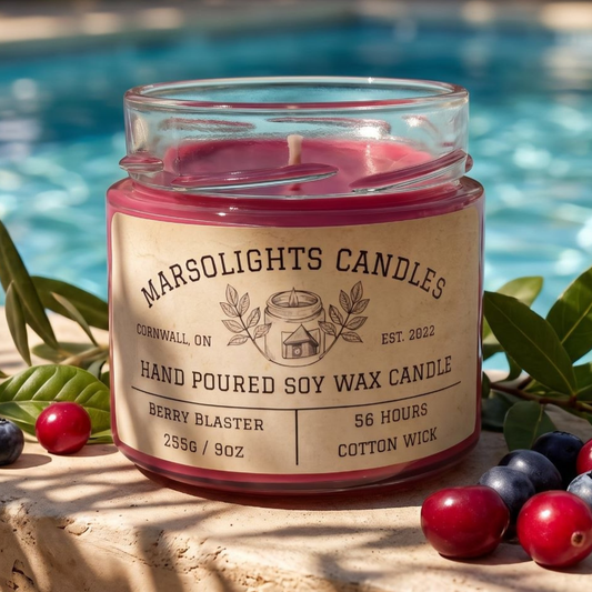 Marsolights Berry Blaster Scent Soy Candle on Stone Ledge Beside a pool during a sunny day.
Made in Canada
Phthalate Free & Paraben Free
Candle Burn time: 56 hours
Wick Type: Cotton HTP Safe to Burn
Wax Type: Soy
Aroma Profile: Blueberry, Cherry, Raspberry, Grape & Vanilla