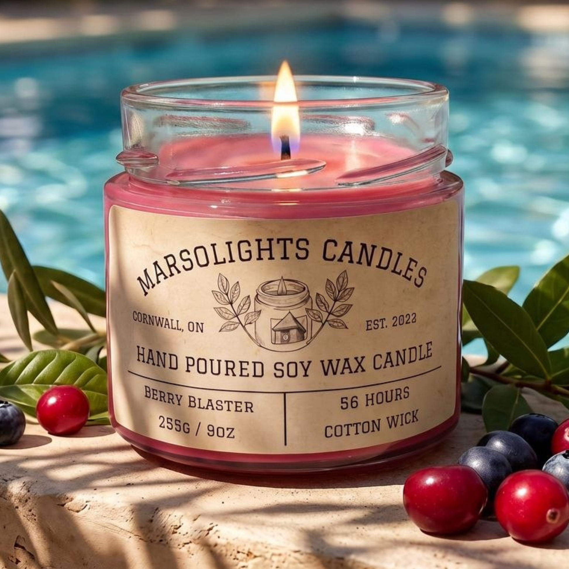 Marsolights Berry Blaster Scent Soy Candle on Stone Ledge Beside a pool during a sunny day.
Made in Canada
Phthalate Free & Paraben Free
Candle Burn time: 56 hours
Wick Type: Cotton HTP Safe to Burn
Wax Type: Soy
Aroma Profile: Blueberry, Cherry, Raspberry, Grape & Vanilla