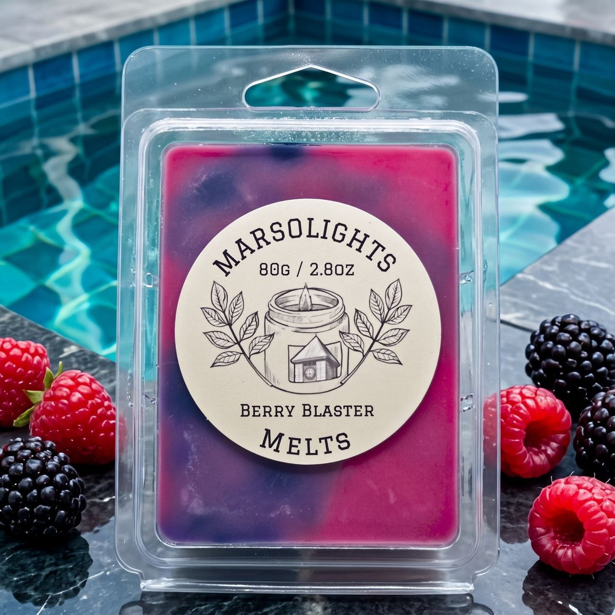 Berry Blaster Wax Melts featuring Scents of juicy blueberry, sweet cherry, raspberry, grape and vanilla, 80 g / 2.8 oz, 8–10 hours per cube, soy wax, made in Canada, paraben free. 