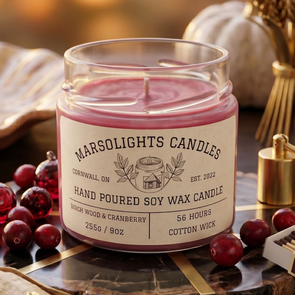Birch wood and Cranberry Scent Soy Candle
Made in Canada
Paraben Free
255 grams or 9 ounces
Burn time: 56 hours
Aroma profile below:
Top Notes: Cranberry, Bergamot, Raspberry
Mid Notes:: Cinnamon, Clove Leaf, Lemon Zest
Base Notes:: Birch Wood, Cedar, Siberian Fir