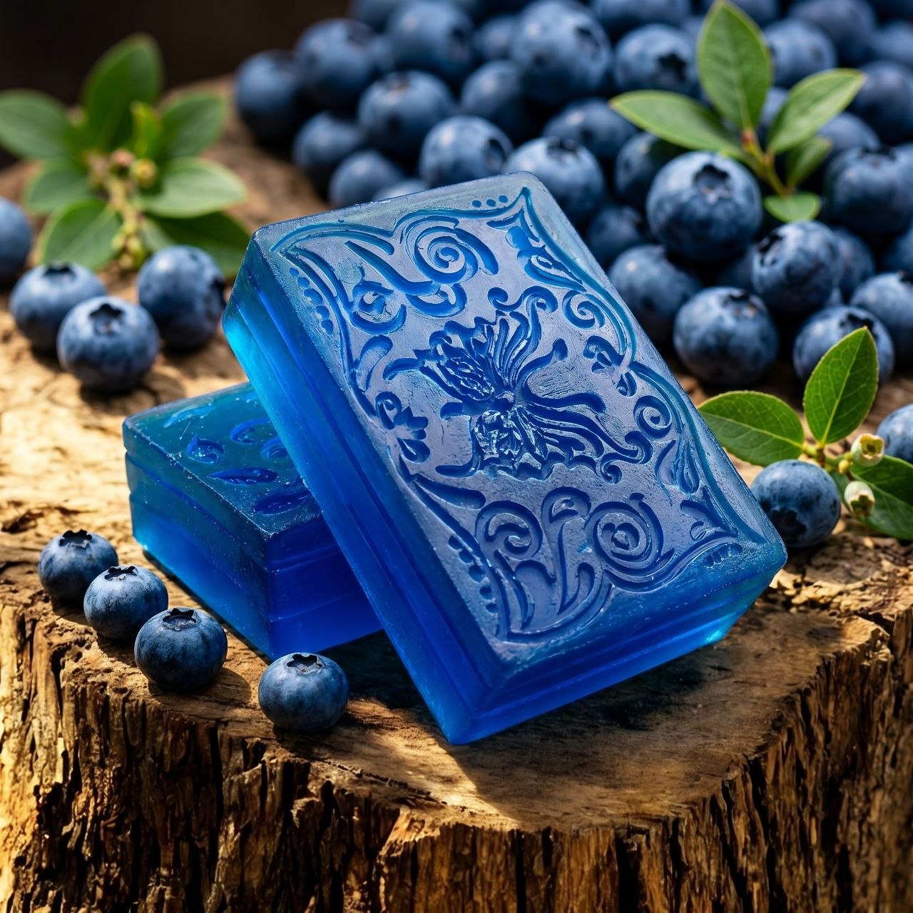 Two translucent blue rectangular bars of soap with embossed floral and scroll patterns, stacked on a rustic wood slice and surrounded by fresh blueberries and green leaves. Made in Canada with glycerin soap base and paraben and phthalates free oils. $6.00 CAD