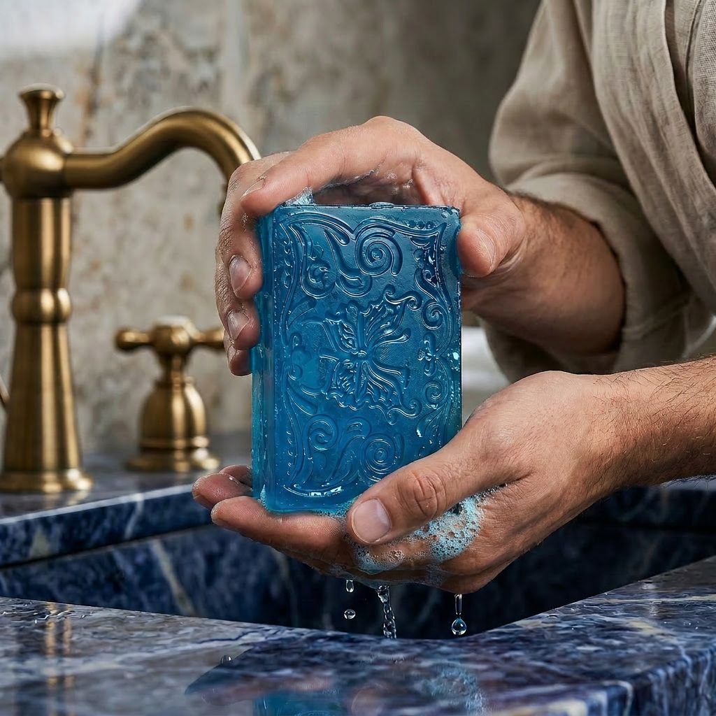 A person holds a carved blue soap bar over a marble sink with water dripping from the bottom, with a brass faucet in the background. Blueberry Soap: Made in Canada with glycerin soap base and paraben and phthalates free oils. $6.00 CAD