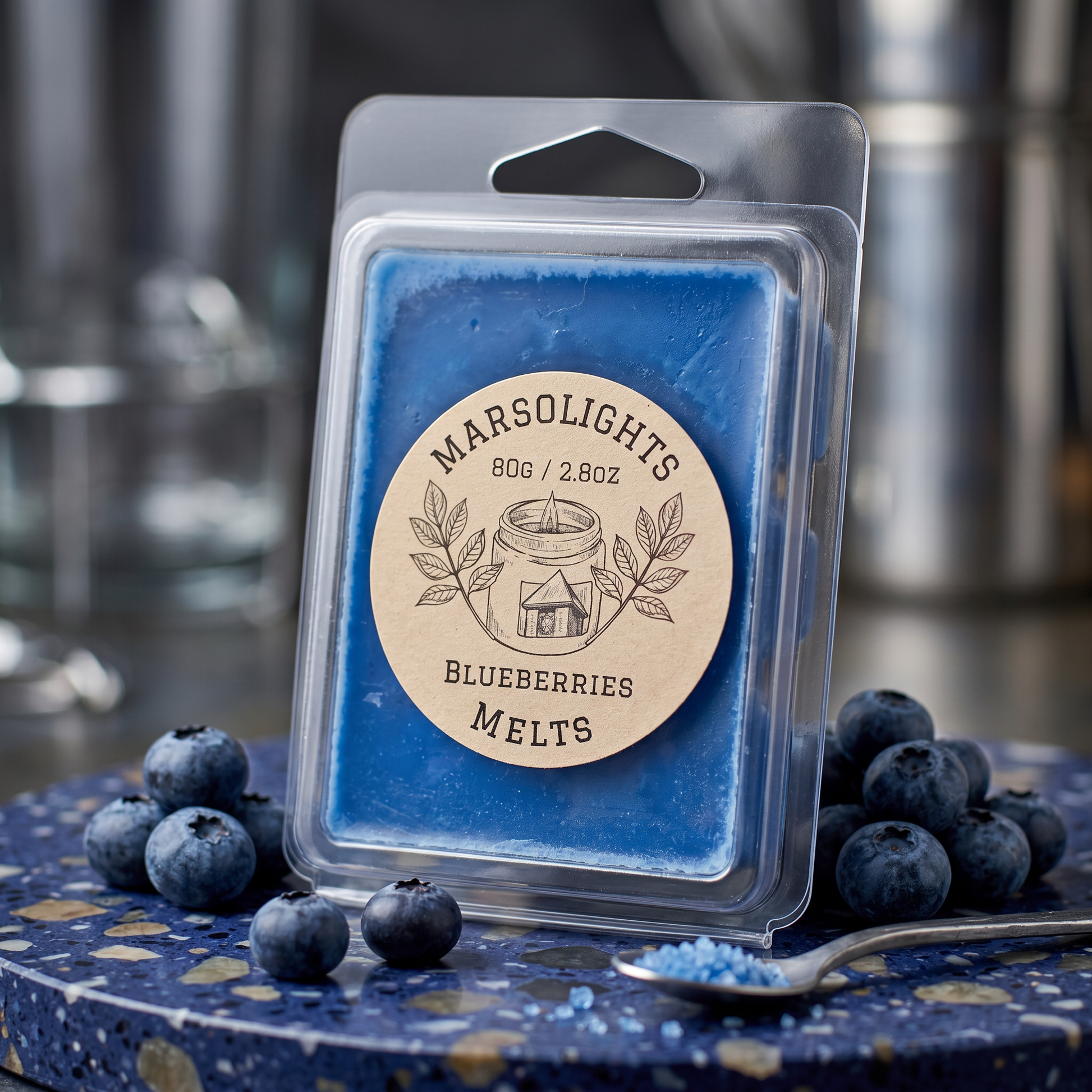 Blueberry-scented wax melt package with blueberries on a decorative. surface. 6 Cubes, 2.8 ounce or 80 grams. Each cube lasts about 1-2 days. $6 each.
