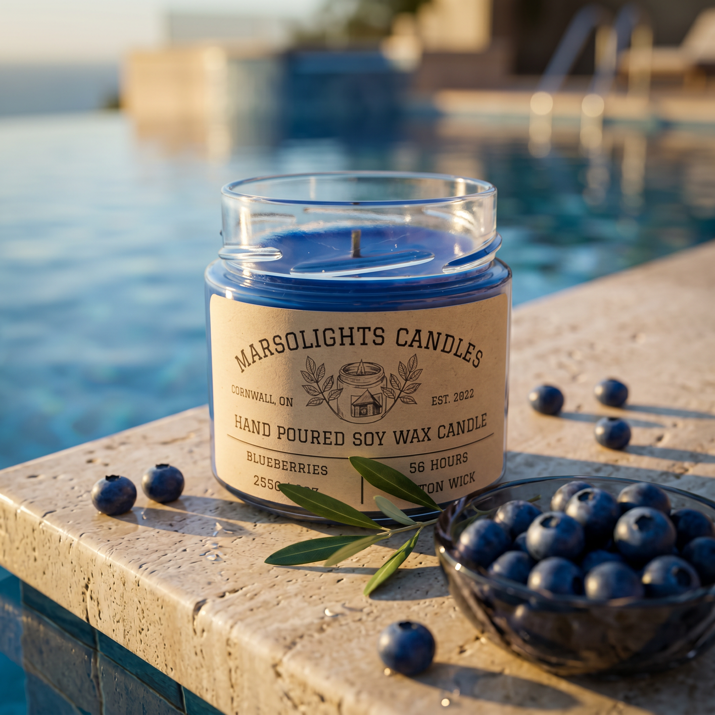Blue candle in a glass jar with a label on a wooden surface surrounded by blueberries.

Label reads 56 hours for burn time
Wick is cotton 
Size if 255 grams or 9 oz
Blueberries Aroma Soy Scent Candle
by Marsolights Candles -Cornwall Ontario