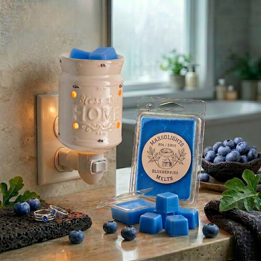 Wall-mounted wax warmer with 'Home' text, blue wax melts, and blueberries on a countertop. 80 gram or 2.8 ounce 6 cubes. 

