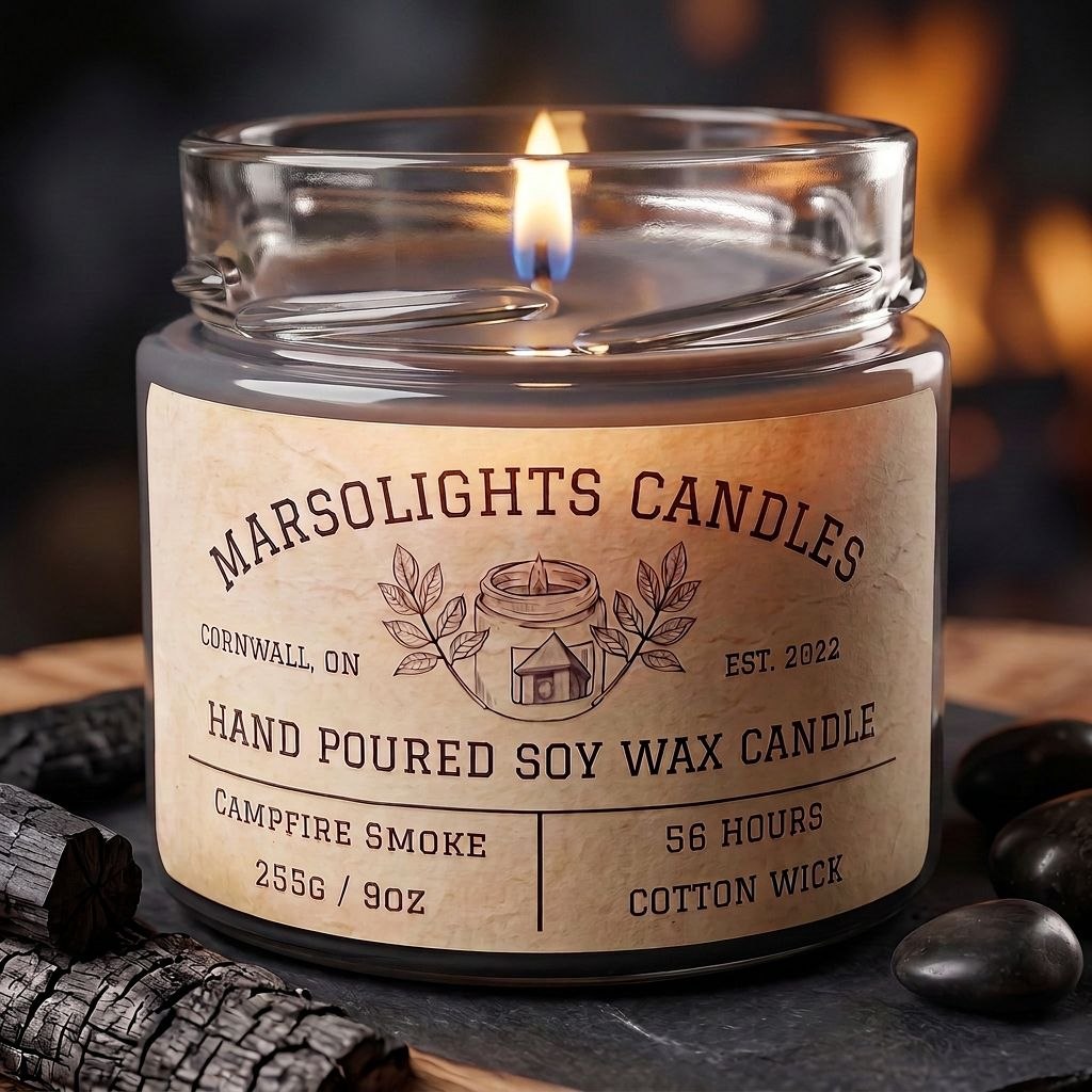 Marsolights Candle Campfire Smoke Soy Candle -
Size: 9 ounces or 255 grams
Colour: Black - Dark Black
Wax Type: Soy Based with a touch of coconut oil
Burn Time: 56 Hours
Wick Type: Cotton
Phthalate Free & Paraben Free
Made in Canada

Aroma Notes - 
Top: Fir Needle
Mid: Woodsmoke
Base: Balsam Fir, Spices